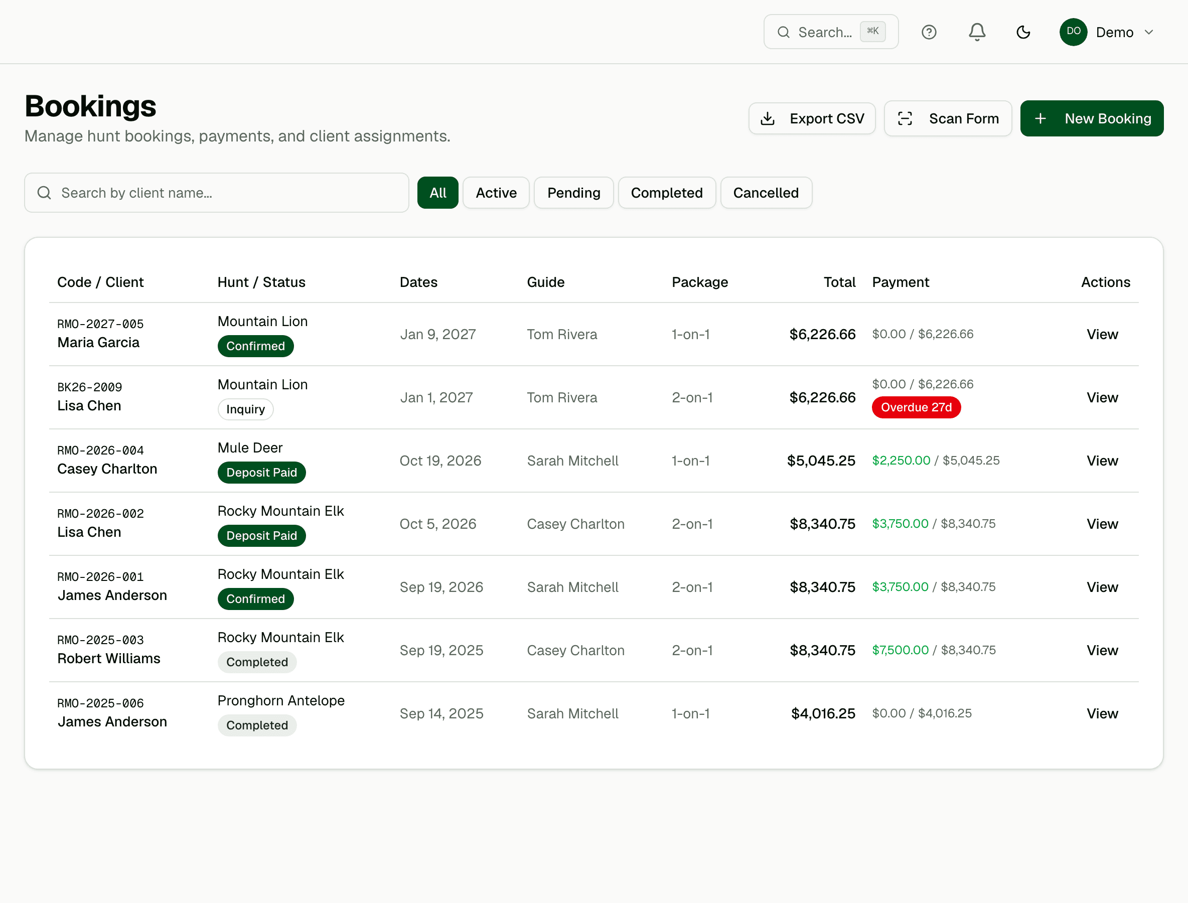Hunt Outfitter bookings dashboard listing each hunt with its status, guide, package, and payment progress.