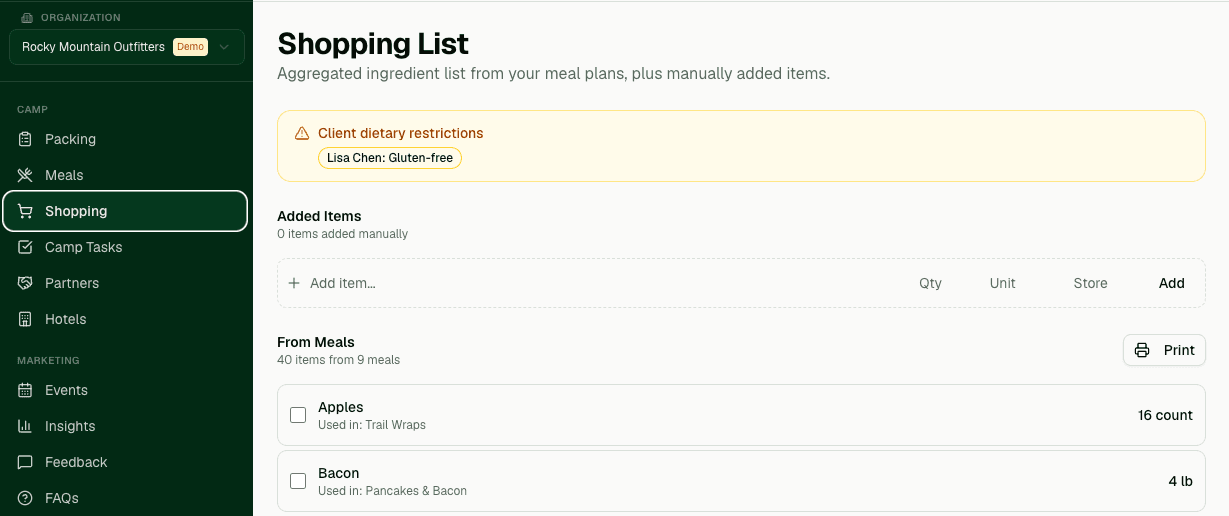 Shopping list aggregated from meal plans, with client dietary restrictions flagged.