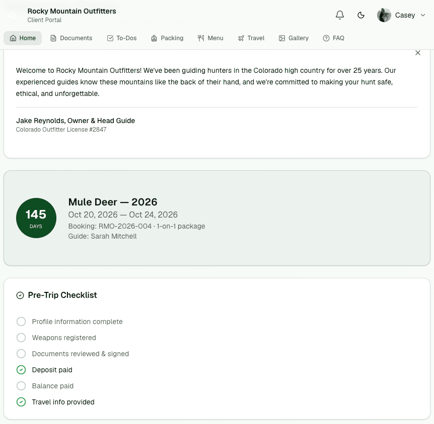 Branded client portal home with a hunt countdown and pre-trip checklist.