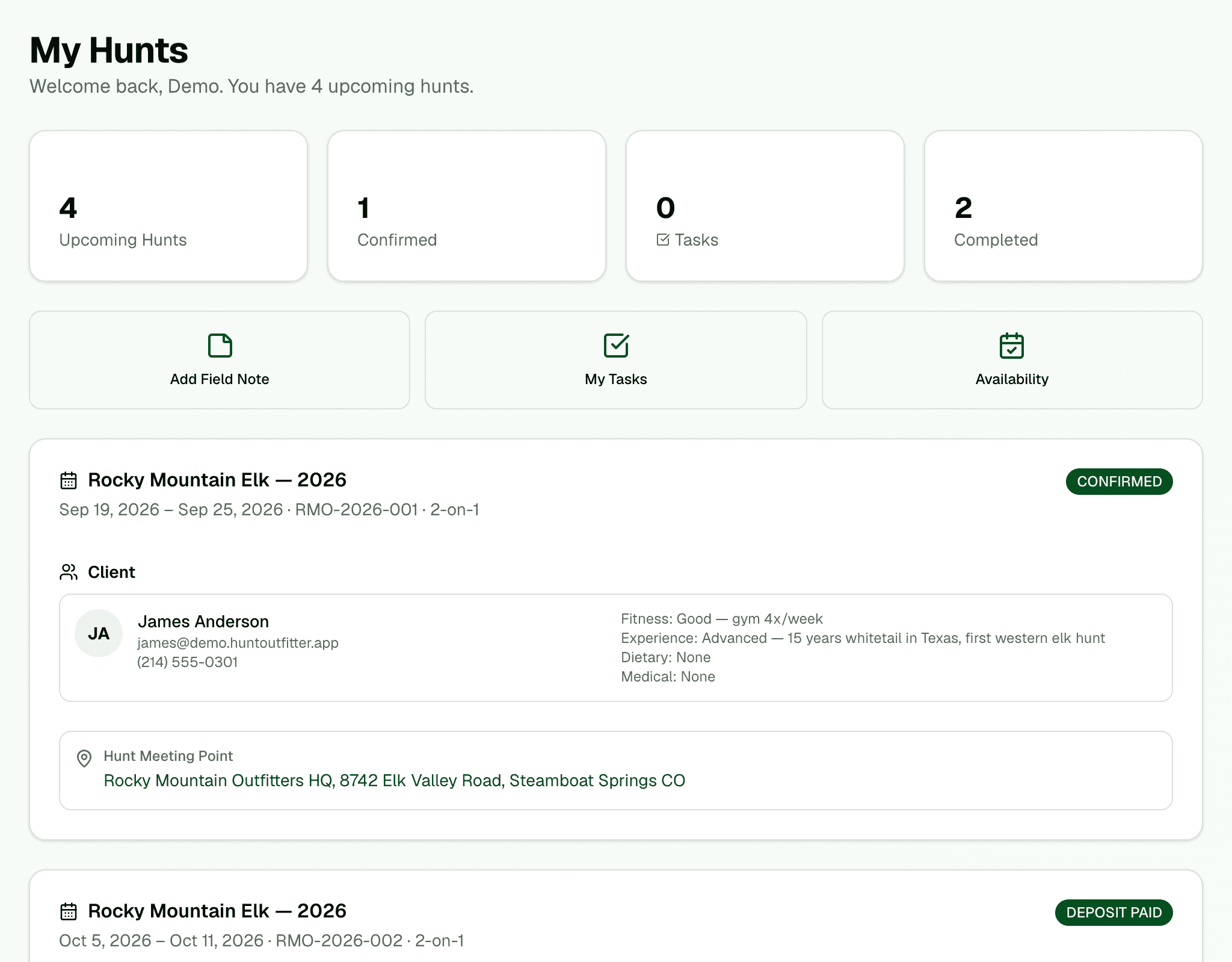 Guide portal 'My Hunts' dashboard with assigned hunts, tasks, and field notes.